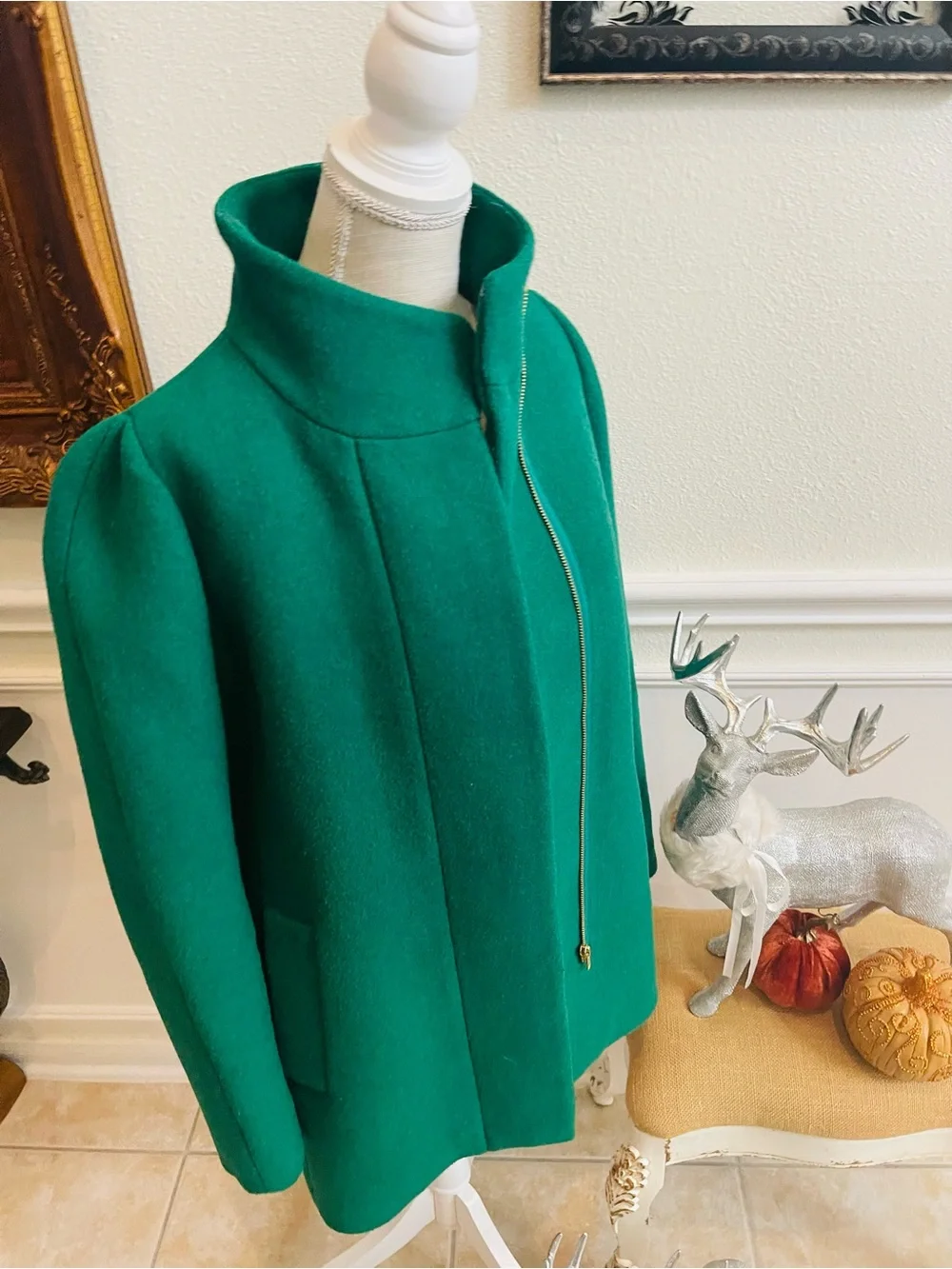 J. Crew Emerald Green Stand-Collar Wool Peacoat
